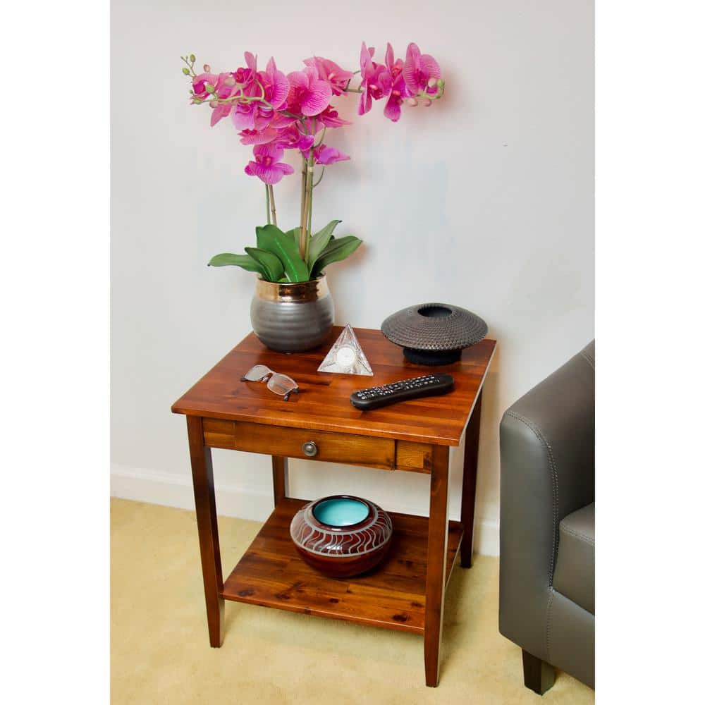 Mahogany Solid Acacia Wood End Table with Drawer and Shelf