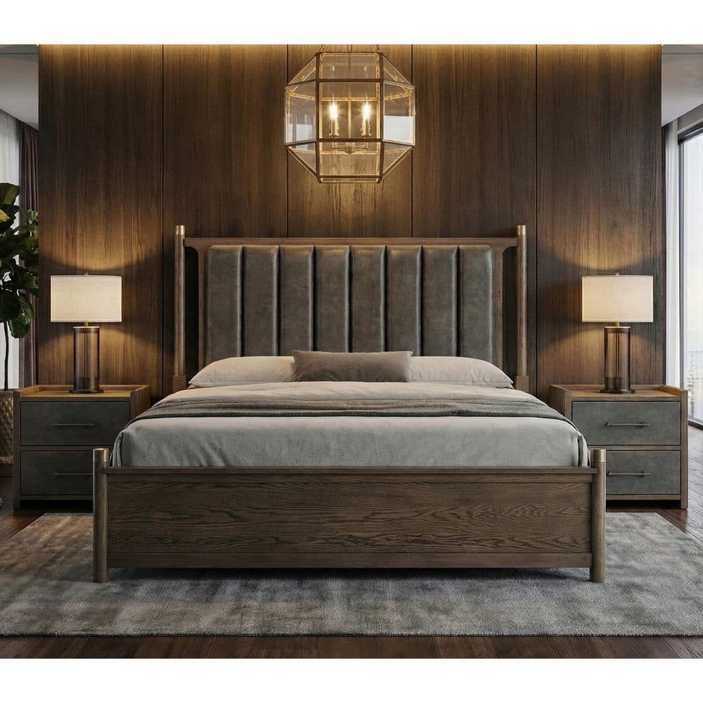 Jordan 3-Piece Dark Walnut Wood King Panel Bedroom Set with 2 Nightstands With Faux Leather Panels price history on PriceWatchPro