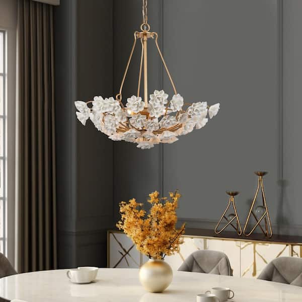 Modern Brass Gold Island Chandelier Light 3-Light Round Chandelier Light with Ceramic Flowers