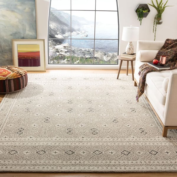 Micro-Loop 11 ft. x 15 ft. Gray/Ivory Multi-Diamond Border Area Rug
