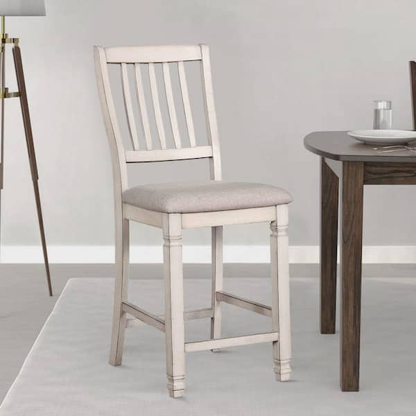 Benjara White and Beige Fabric Wooden Frame Counter Height Dining Chair (Set of 2)