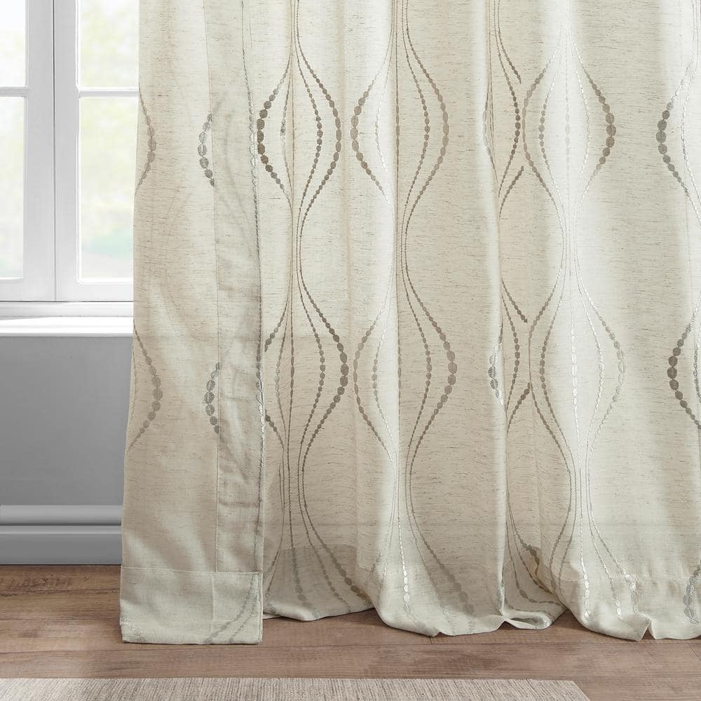 Suez Natural Embroidered Faux Linen Sheer Curtain Panel 50W x 84L