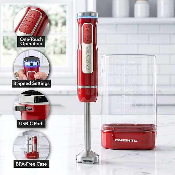 OVENTE Immersion Blender Red Stainless Steel Blades 200-Watt