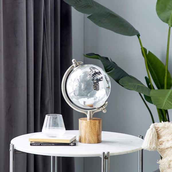 15 in. Silver Wood Decorative Globe with Brown Base