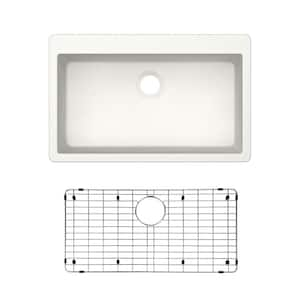 33 in. Drop-in/Undermount Single Bowl Quartz Kitchen Sink in White with Bottom Grid