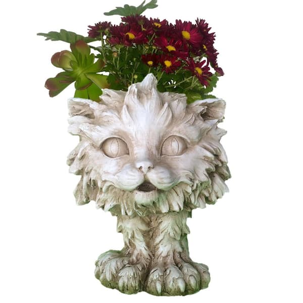 HOMESTYLES 12 in. Antique White Scruffy the House Cat Muggly Planter Statue Holds 4 in. Pot
