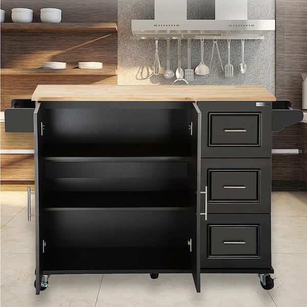 Black MDF Kitchen Cart with Extendable Rubber wood Tabletop, Adjustable Shelf