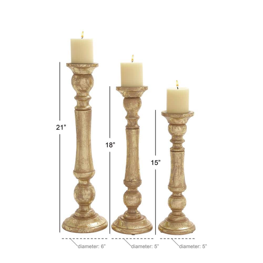 Classic Bronze and Wood Pillar Candle Holders Set of 3