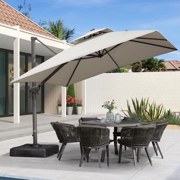 PURPLE LEAF 10 ft. Square Double Top Aluminum Rotation Outdoor Cantilever Patio Umbrella with Base, Pebble Grey