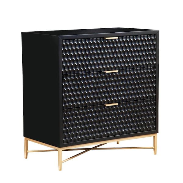 Benjara Black and Gold 3-Drawer Small Dresser Chest with Honeycomb Panels