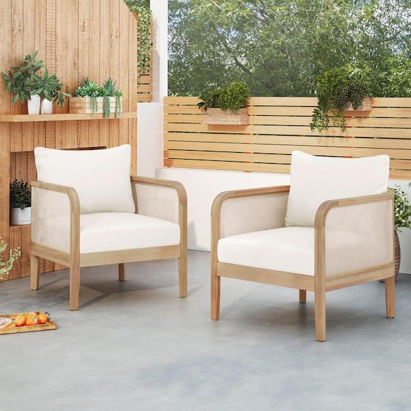 (Set of 2) Light Teak Deep Seating Acacia Wood and Textilene Outdoor Lounge Chair with Waterproof Thick Beige Cushion