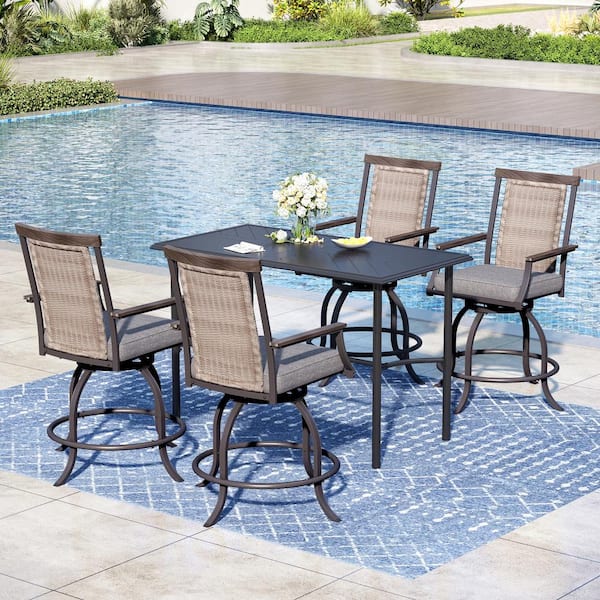 PHI VILLA 5-Piece Metal Bar Height Outdoor Dining Set with Black Rectangle Metal Table and Rattan Bistro Chairs with Gray Cushion