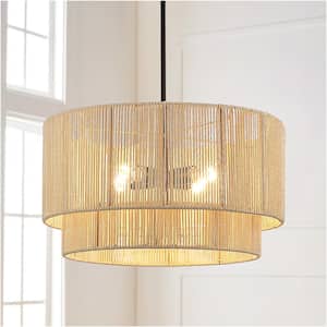 22 in. 4-Light Rattan Tiered Drum Pendant Chandelier Light with Black Canopy