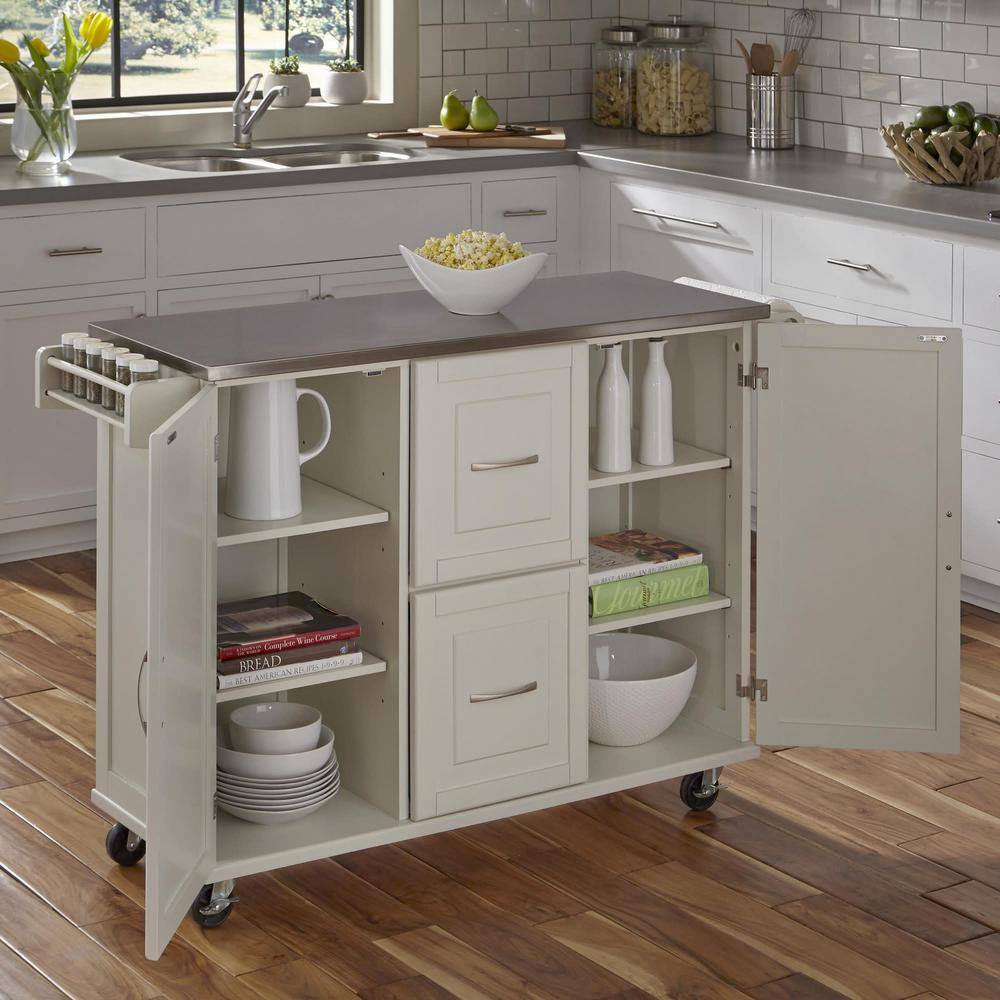 Stainless Steel Top Kitchen Cart with Spice Rack and Storage, Off-White