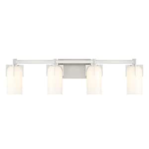 Caldwell 32 in. 4-Light Satin Nickel Bathroom Vanity Light with Etched White Opal Glass Shades