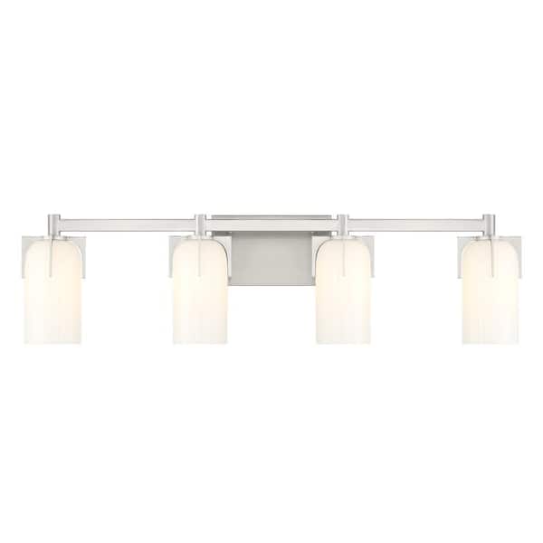 Caldwell 32 in. 4-Light Satin Nickel Bathroom Vanity Light with Etched White Opal Glass Shades