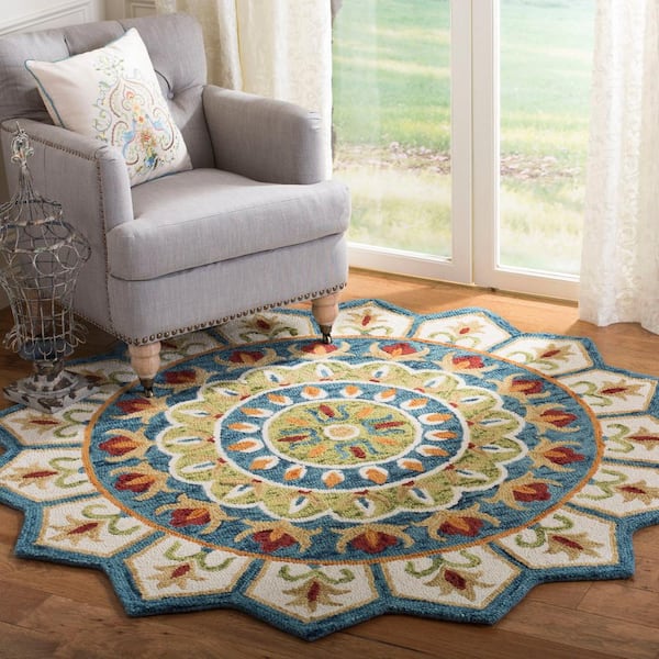 Novelty Ivory/Blue Doormat 3 ft. x 3 ft. Floral Border Round Area Rug