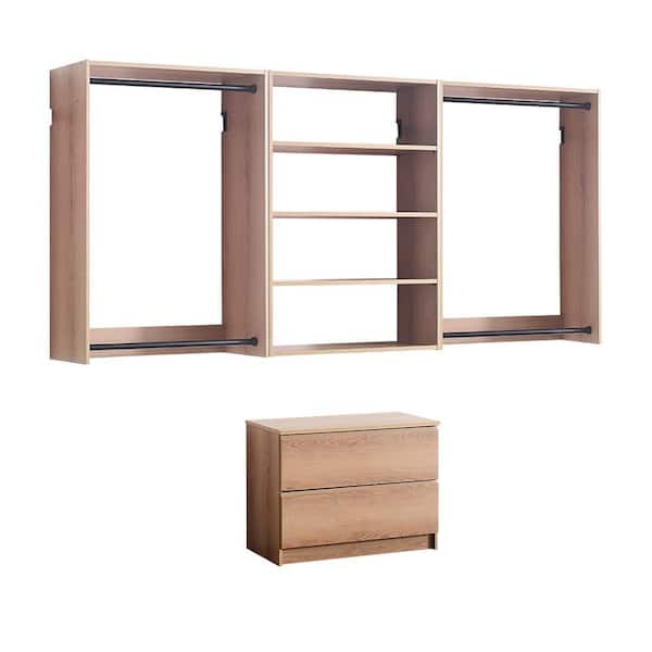 Devi Series 31.5-94. 5in. W Oak Wall Mount Hanging Rods Adjustable-Shelves & Drawer Unit Wood Walk in Closet System