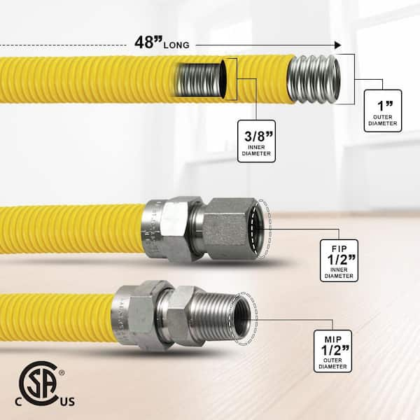 48 in. Yellow Coated Stainless Flexible Gas Connector Steel for Dryer Water  Heater, 1/2 in. O.D. with 3/8 in. Fittings