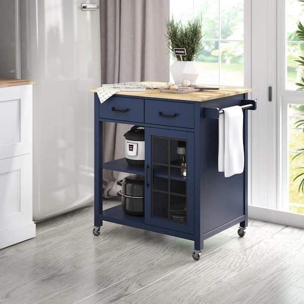 Twin Star Home Insignia Blue Rolling Kitchen Cart with Wood Top