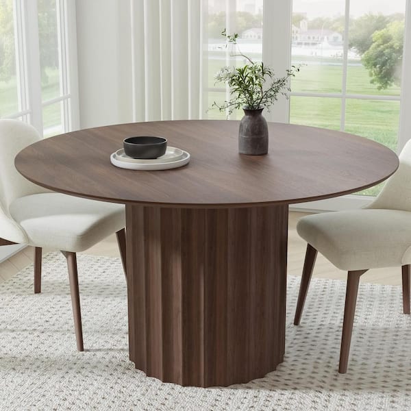 Round Walnut Wood 52 in. Column Base Dining Table Seats 6