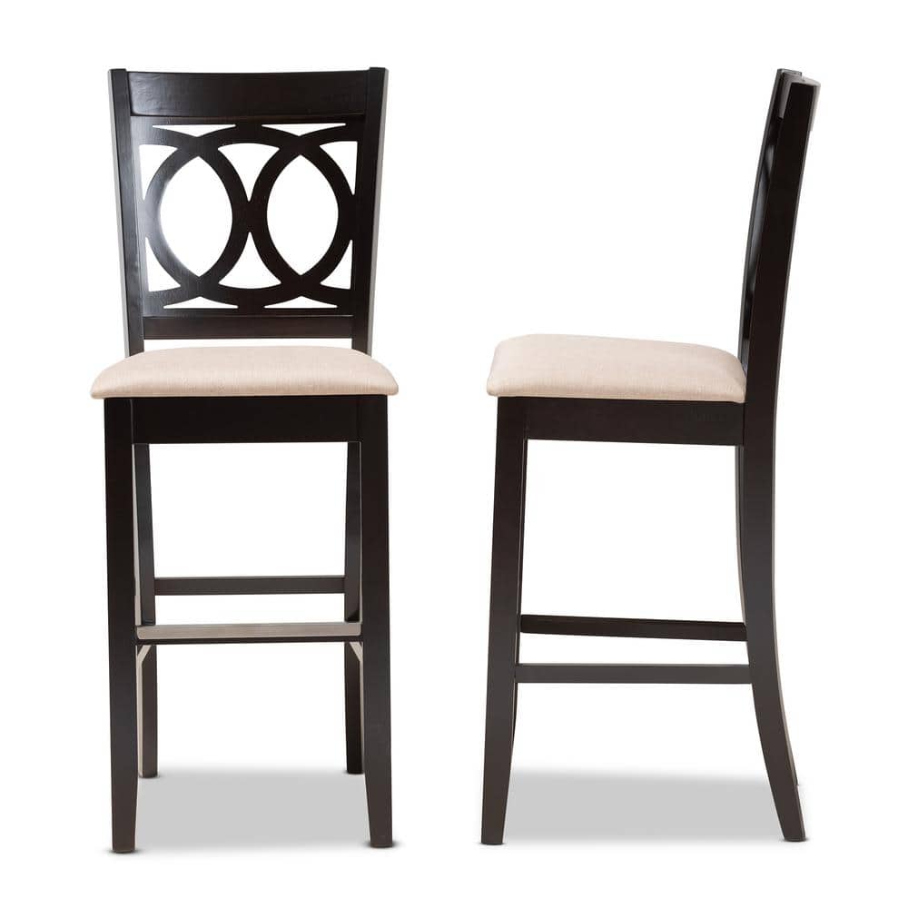Set of 2 Sand Upholstered Oak Bar Stools with Espresso Finish