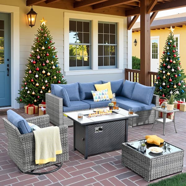 Helene Gray 8-Piece Wicker Outdoor Fire Pit Furniture Set Patio Conversation Sofa Sectional Set with Denim Blue Cushions