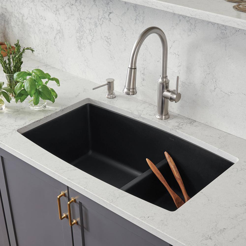 Coal Black Granite Composite Double Bowl Drop-In Kitchen Sink