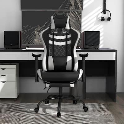 Cayde White Polyvinyl Diamond Stiching Gaming Chair with Adjustable Footrest and Headpillow