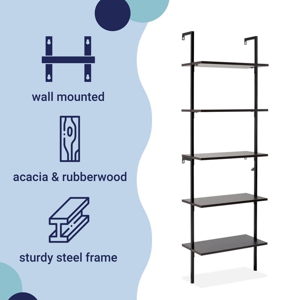 Madera Tall Black Wood and Metal Ladder Bookcase with 5 Shelves