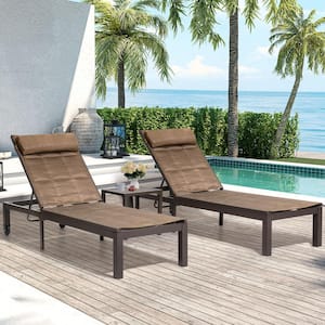 3-Piece Quilted Aluminum Adjustable Outdoor Chaise Lounge in Brown with Side Table