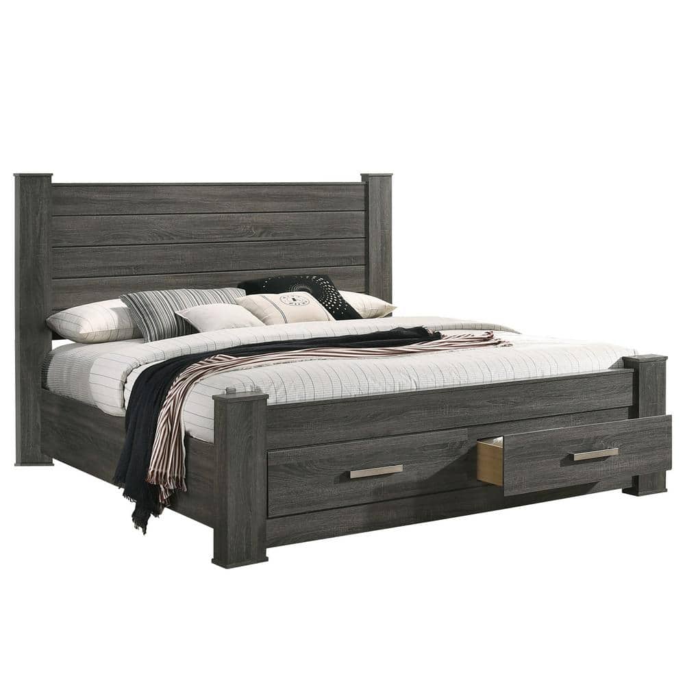 Elegant Weathered Gray Queen Platform Bed with Built-in Storage