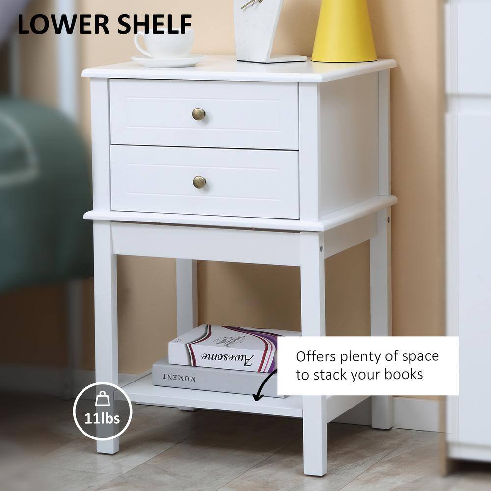 Modern White Wood Side Table with Storage Drawers and Shelf