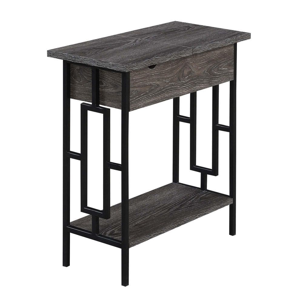 Weathered Gray and Black Wood-Metal End Table with Charging Station