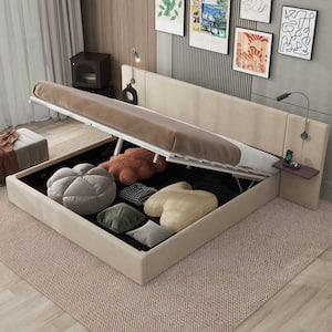 Beige Wood Frame Queen Velvet Upholstered Platform Bed with Bedside Shelves, 2 Lights, USB Charging, Hydraulic Storage