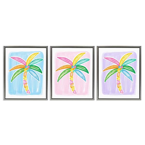 Stupell Industries Fun Summer Palms by Lisa Nohren 3 Pieces Gray Floater Frame Nature Graphic Art Print 21 in. x 17 in.