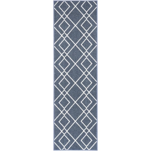 Nourison Modern Lines Navy 2 ft. x 7 ft. Geometric Contemporary Kitchen Runner Area Rug