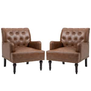 Mid-Century Vintage Nailhead Trim Brown PU Upholstered Accent Armchair With Solid Wood Legs(Set of 2)