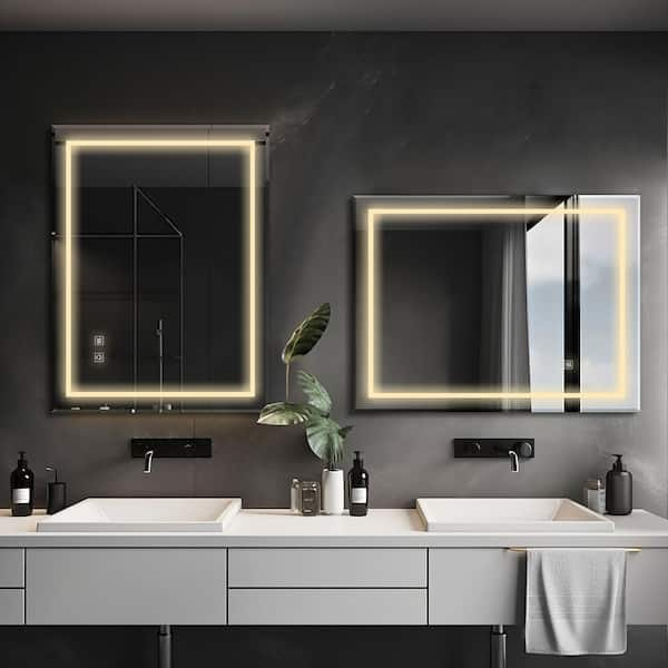 KINWELL Bathroom Mirror 31.5-in W x 23.6-in H LED Lighted White Rectangular Fog Free Frameless Bluetooth Bathroom Vanity Mirror