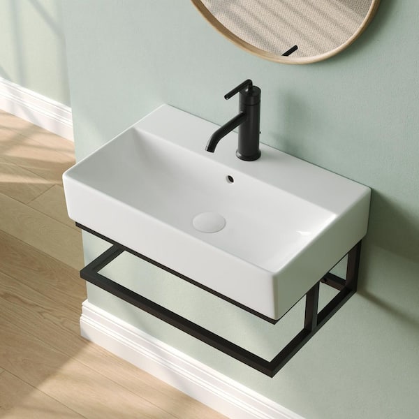 DEERVALLEY 22.4 in. x 5.1 in. Rectangular Wall Mounted Bathroom Sink in White Ceramic with Black Towel Bar and Overflow