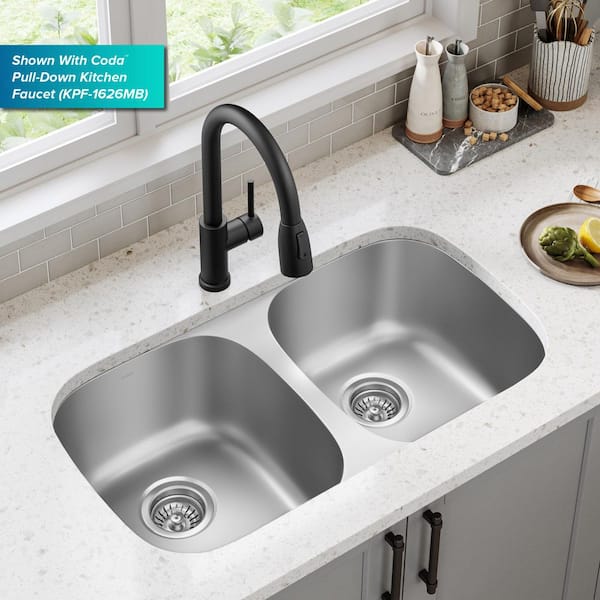Premier 18 Gauge Stainless Steel 32 in. 50/50 Double Bowl Undermount Kitchen Sink with WasteGuard Garbage Disposal