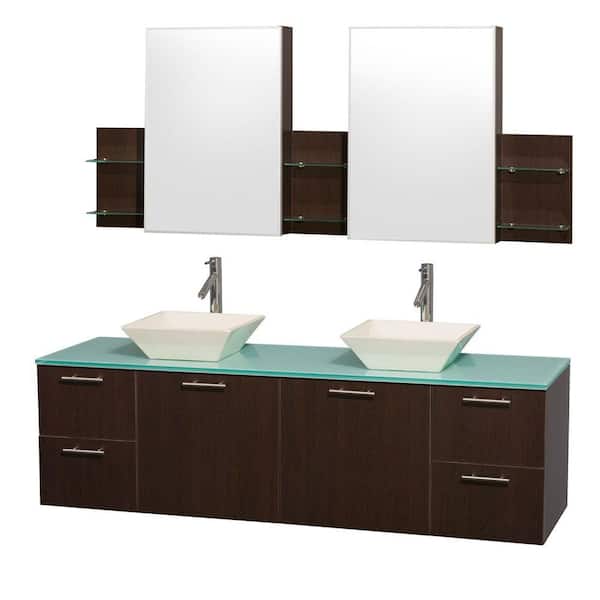 Wyndham Collection Amare 72 in. Double Vanity in Espresso with Glass Vanity Top in Aqua and Bone Porcelain Sinks