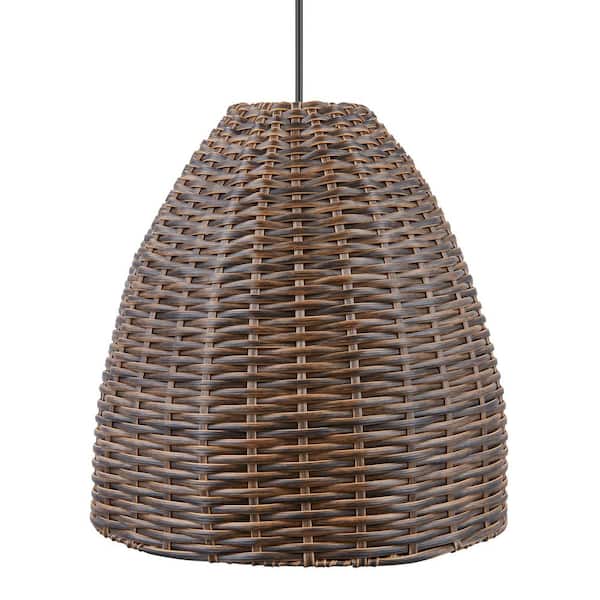 Hampton Bay Olney 16 in. 1-Light Black Outdoor Hanging Light Pendant Light with Brown Resin Wicker Shade