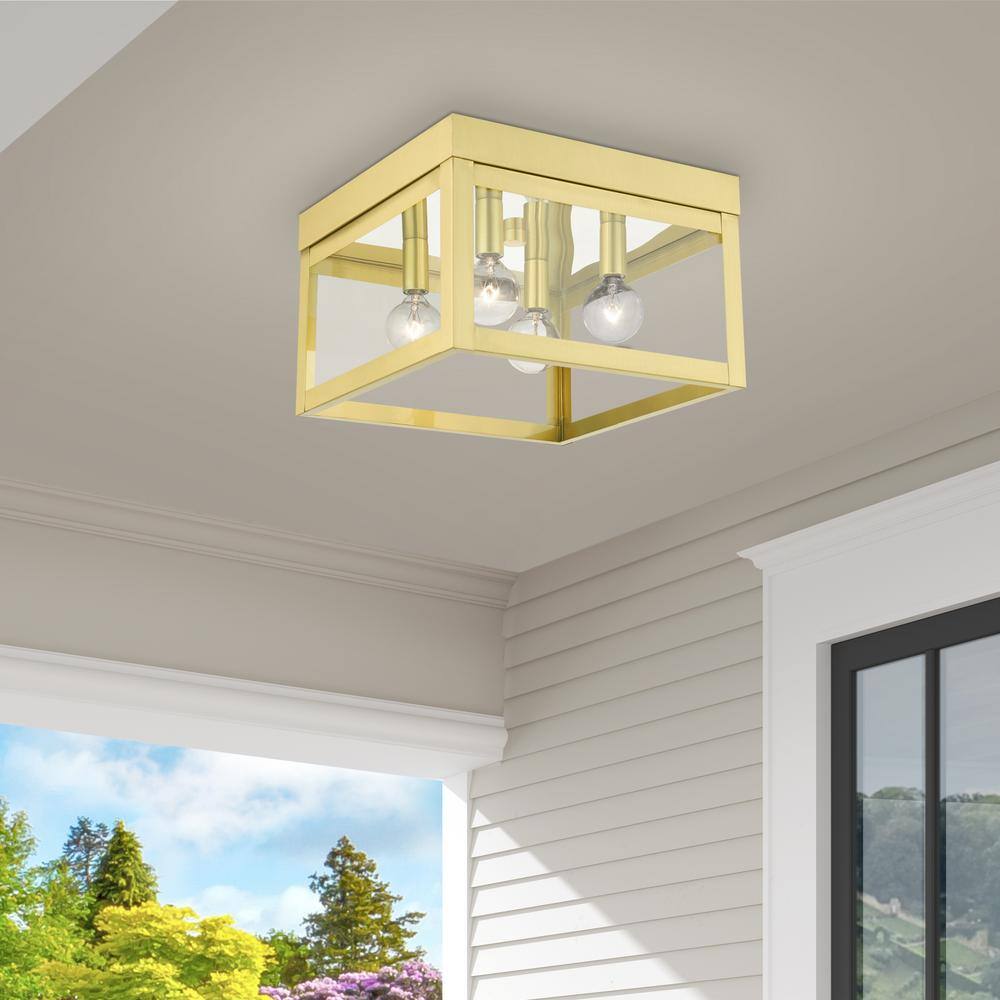 Elegant Satin Brass 4-Light Flush Mount with Clear Glass
