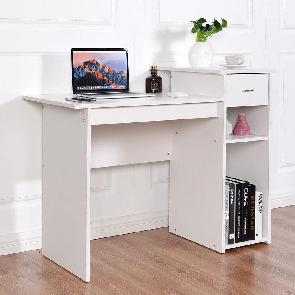 Elegant White Wooden Computer Desk with Drawer and Shelves