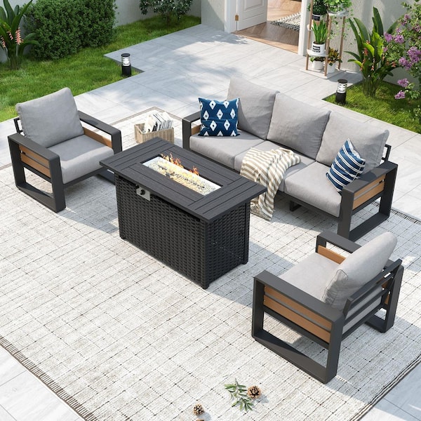 Sizzim 4-Piece Aluminum Wood Armrest Outdoor Patio Conversation