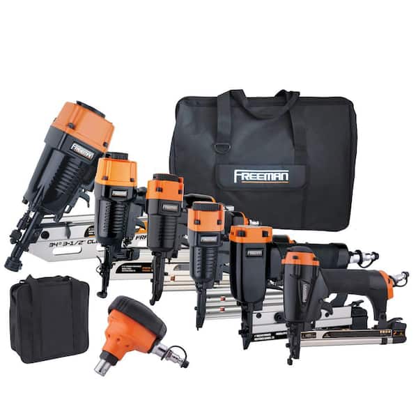 Freeman Complete Pneumatic Framing and Finishing Nailer and Stapler Kit with Bags and Fasteners (9-Piece)