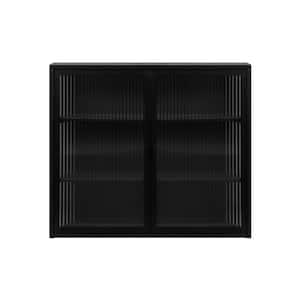 27.56 in. W x 9.06 in. D x 23.62 in. H Glass Doors 2-door Wall Cabinet with Featuring 3-Tier Storage, Black
