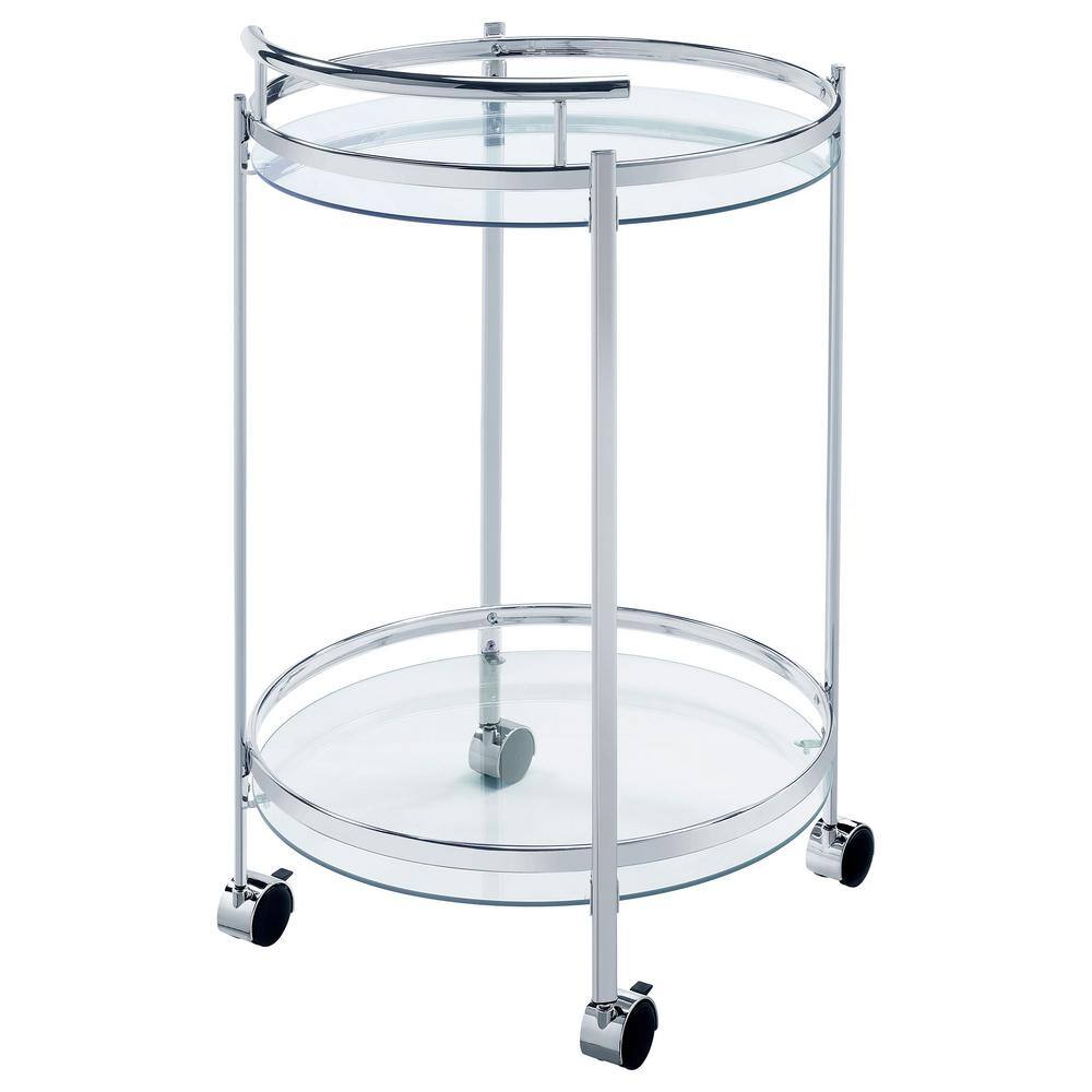 Modern Glam Silver Chrome Round Bar Cart with Tempered Glass Shelves