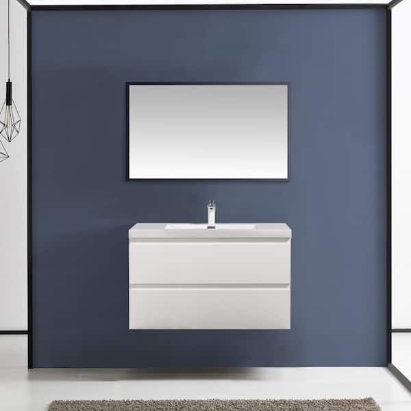 35.44 in W x18.9 in. D Wall-Mounted Bath Vanity in High Glossy White with white glossy Resin Top